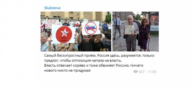 Скабеева оценила «бесхитростный прием» властей Грузии из-за акций протеста