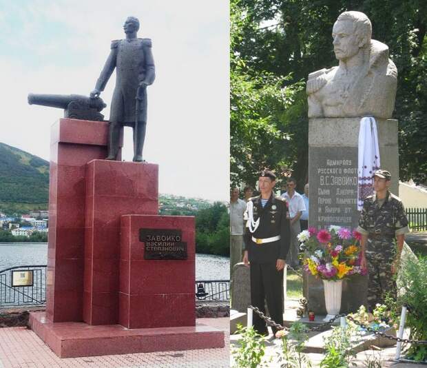 Памятники адмиралу В.С. Завойко в с.Великая Мечетня (справа) и в Петропавловске-Камчатском.