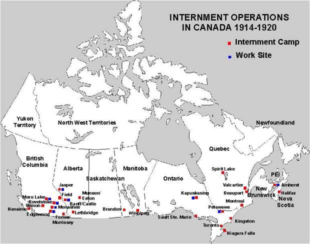 Карта канадских концлагерей